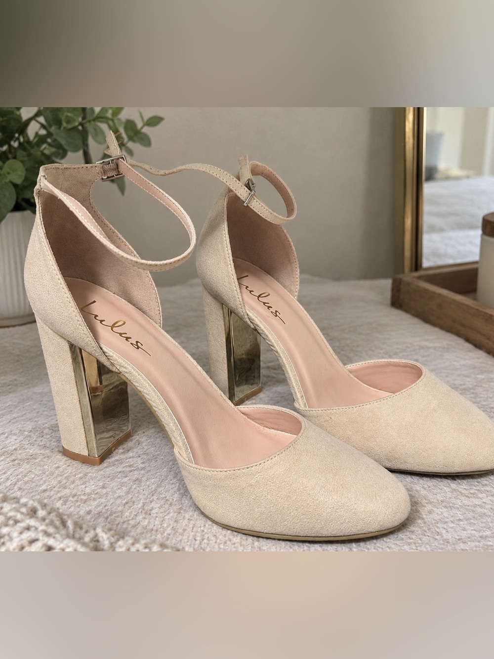Lulu's Pale Cream Ankle-Strap Block Heel Pumps